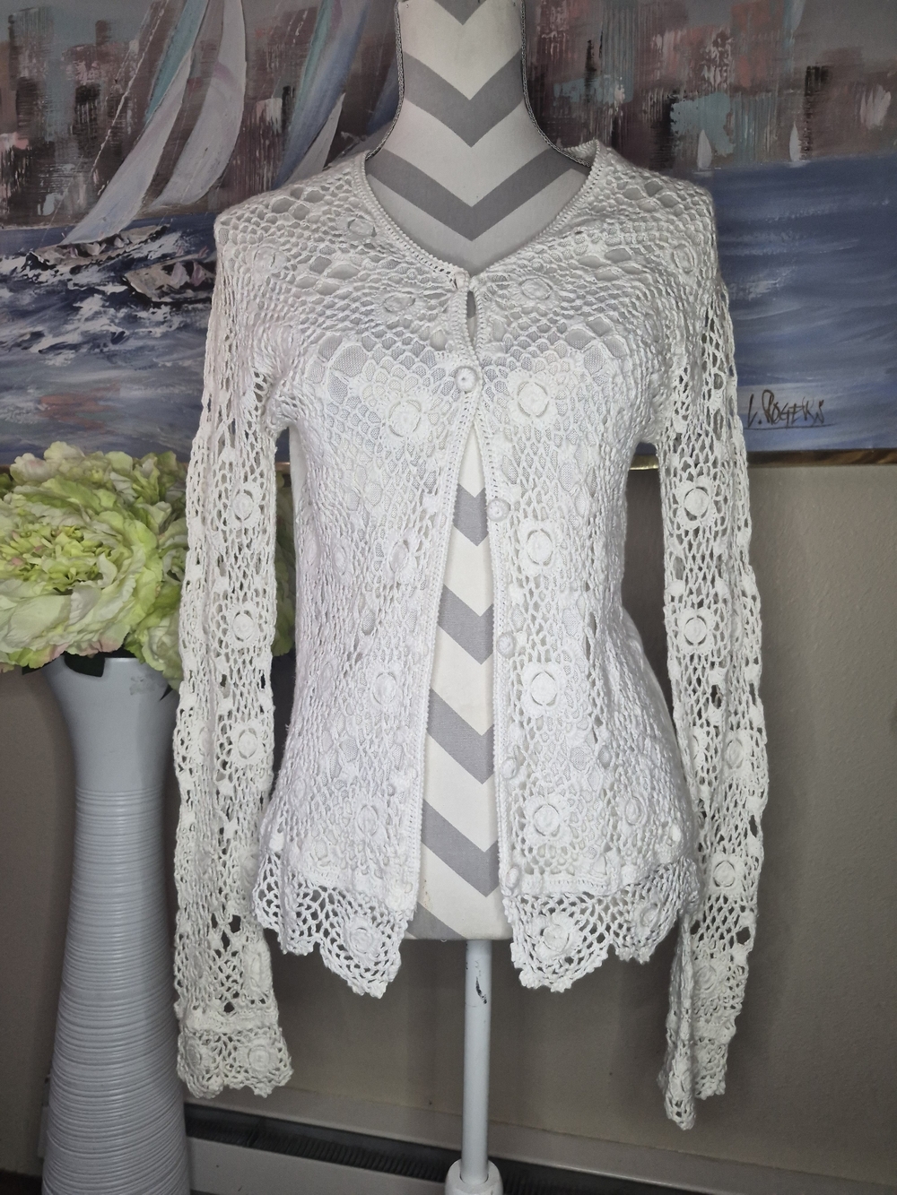 Vintage Erika White Crochet Knit Cardigan